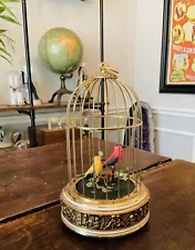 Antique Vtg Working Singing Automaton Wind Up Musical Box Brass 2 Birds Cage