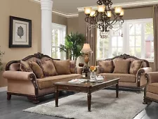 ON SALE - Traditional Living Room Brown Wood Trim Fabric Sofa Furniture Set IGB1