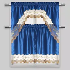 Semi-Sheer Rod Pocket Embroidery Kitchen Curtain 3 PC & Swag Valance 2 Tiers Set
