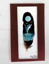 Hand Painted Feather, Fish & Moon signed by Artist, Panama, ready for framing