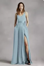 WHITE BY VERA WANG V Neck Halter Gown with Sash NWT Mist Blue New with Tag Size