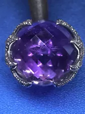 Estate Sterling Silver Vintage Filigree Real Amethyst Ornate Unusual Ring Sz7