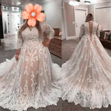 Plus Size Wedding Dresses V Neck Long Sleeves Lace-up Back Bridal Gowns Train