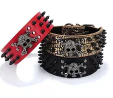 Large Spiked SKULL Stud Metal Dog PU Leather Collar Pit Bull Mastiff Rivet BLACK