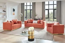 NEW 3PC Orange Gold Sofa Loveseat Chair Velvet Contemporary Glam Living Room Set