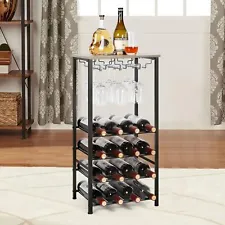 Wine Rack Table Freestanding Floor 16 Bottles Wine Rack with 9 Wine Glass Holder