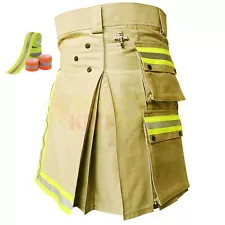 Handmade Khaki Firefighter Utility Kilt For Men Box Pleat Utility Hybrid Kilt