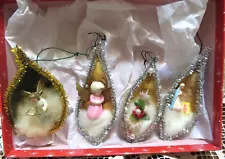 4 Vtg Hand Made Christmas Ornament Milkweed Pod - 2 ANGELS HOLLY MARY & BABY