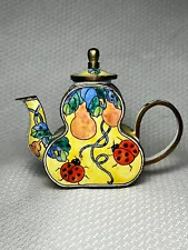 Vtg Yellow Ladybuy Pear Tree Scene Enamel Brass Miniature Tea Pot Decor Spring