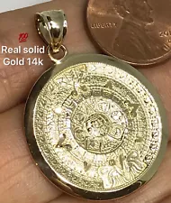 GOLd Aztec pendant calendar 14k azteca SOLID necklace oro mexico mexican medium