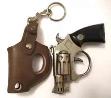 VINTAGE J.S. PISTOL GUN SHAPED CIGARETTE LIGHTER with LEATHER KEYCHAIN HOLSTER