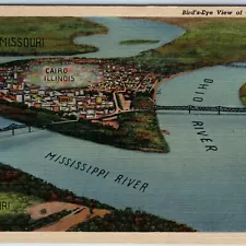 New Listing1939 Cairo, ILL Birds Eye Art Map Mississippi River No Flood Linen PC Teich A218