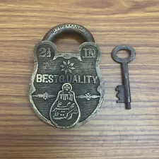 BRASS PADLOCK OR LOCK WITH KEY OLD OR ANTIQUE, NICE CARVING & MARKINGS.