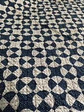 ANTIQUE PRIMITIVE OLD HANDSTITCHED QUILT NAVY BLUE BEAUTIFUL LIGHT STAINS