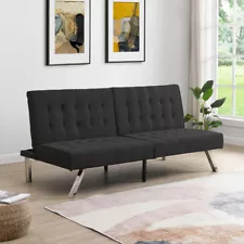 Black Fabric Wood Frame Stainless Steel Legs Futon Sofa Bed - USA Shipping Fast