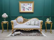 Victorian Chaise Lounge/ Aged Gold Leaf Hand Carved Frame/Tufted Tan and white