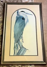 HUGE Artist Art LaMay Blue HERON Bird Double Signed Numbered Matted Framed Print