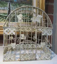 Vintage White Metal Freestanding Birdcage with Swing Leaf Accents - Potential!