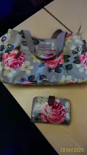 Cath Kidston Top Handle Bag & Matching Purse Oilcloth Grey Floral CHARITY SALE