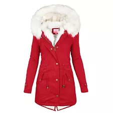 Fur lined mid length windbreaker with white fur collar hooded warm plush