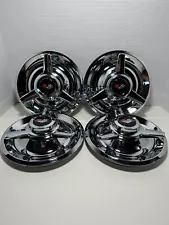 (4) 3 BAR SPINNERS CENTER CAPS FOR CHEVY RALLY WHEELS 7",BLACK VINTAGE FLAGS