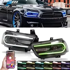 Fits 11-14 Dodge Charger RGB LED DRL Headlights Black Housing w/ Multi Colors