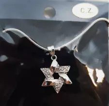 Cubic Zirconia Jewish Star Of David Pendant Silvertone on 16” Smooth Snake Chain