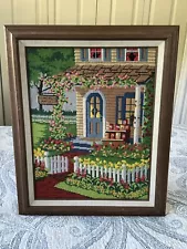 Vintage Framed Needlepoint Art Home With White Fence Flowers Homemade Jam Jelly