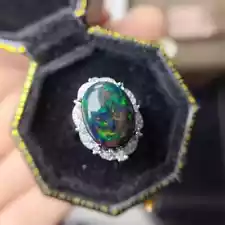 Large 4.8 Carat Black Fire Opal Ring, Large Black Opal Cocktail Ring CZ