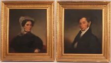 Pr Life-Sized 19thC Antique Husband & Wife Portrait Paintings w/ Gilt Frames