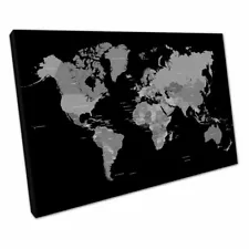 Black & White Map of the world countries Map Art Ready to Hang Canvas Wall Art