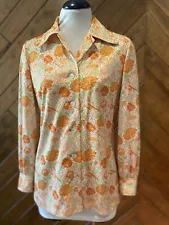 VTG Floral 70s Disco Top Shirt Liberty Wm Morris Style Print Orange MARIGOLDS S