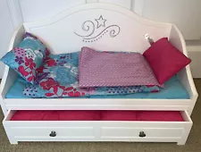 American Girl TRUNDLE BED & BEDDING for 18" Dolls White Pink Turquoise Lavender