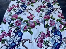 Reserved Deep Sea Blue Raven & Cabbage Roses Barkcloth Vintage Fabric Drape