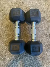 Barbell, 15lb Coated Rubber Hex Dumbbell, Pair - Used