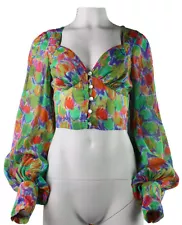 $230 Hope for Flowers Tracy Reese US S Floral Cupro Crop Full Sleeve Blouse Top