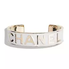 Chanel 22S Gold White Enamel Metal Interlocking CC Logo Arm Cuff Bracelet Small