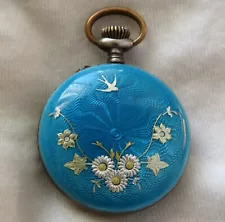 Antique Blue ENAMEL Pendant Pocket Watch Cylinder Escapement