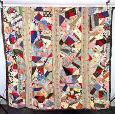 Vintage 30s 40s Hand Stitched Crazy Rag Quilt Black Backing 71 x 85 Twin