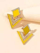 Rhinestone Decor Geometric Dangle Earrings Yellow And Gold Triangle Gift For Her