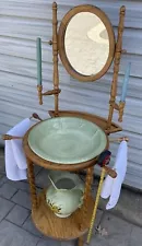 Antique Victorian English Wash Basin and Pitcher with Wood Stand and Mirror