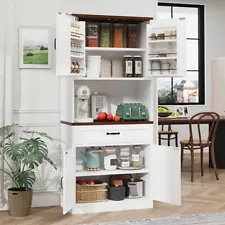 70" Tall Kitchen Pantry Storage Cabinet with Microwave Stand and 4 doors White