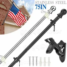 6FT Flag Pole Kit Heavy Duty Bracket Metal Pole With 2 Rotating Rings For Garden