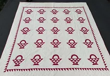 Vintage Basket Quilt Hand Made Red Off White King Size Triangle