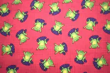 Oakhurst Textiles Green Frogs toads pink lily pad 14" 100% cotton fabric