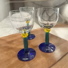 New ListingSet 3 Vtg Kosta Boda Ken Done Wine Glass Palm Tree Pristine Cobalt Base Goblet