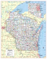 Wisconsin State Wall Map Poster Large Print 24"Wx30"H