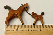 Vintage Tiny Wooden Horses: Mare & Foal Hand-Carved w Chain