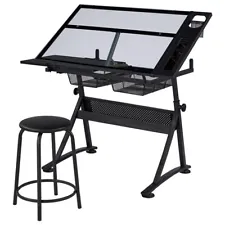 Glass Art Desk Drafting Table for Artist/Painter w/ Adjustable Height & Tabletop