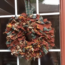 HANDMADE 15" FALL AUTUMN 4 LAYER PLAID RAG WREATH RUSTIC PRIMITIVE COUNTRY